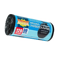 Мешки для мусора 120 л, с ушками, черные, в рулоне 30 шт., ПНД, 15 мкм, 1100х700 мм, Крепак, 4607075710375 в Санкт-Петербурге